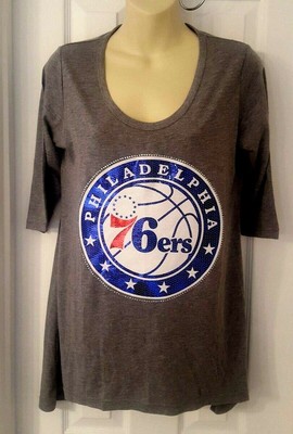 PHILADELPHIA 76ers Womens T Shirt Small Oversized Top Sequin Sparkle Logo Hi Lo | eBay
