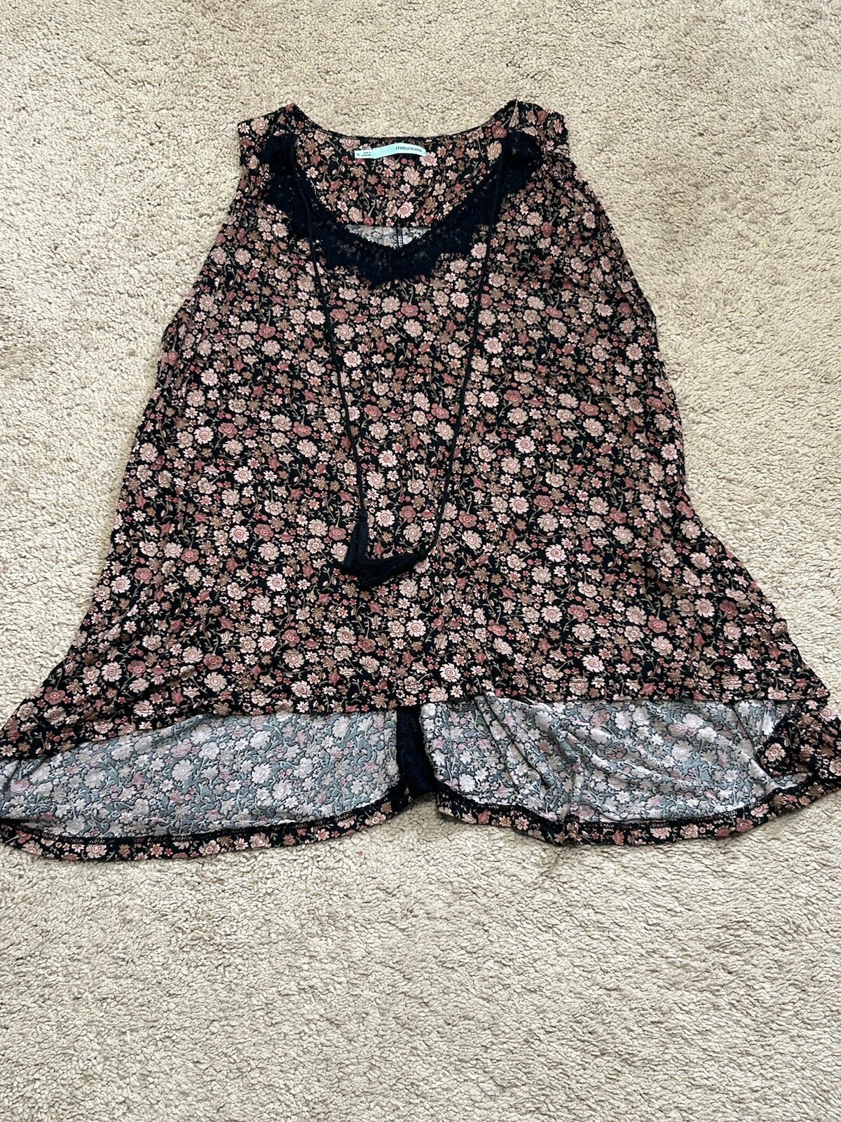 Maurices Womens Shirt Size XL Multicolor Floral Print Lace Accent Soft Tie Front