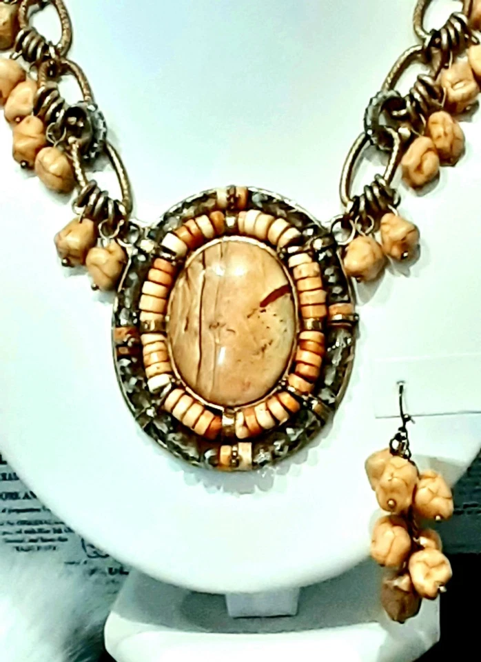 CHICO'S Fabulous Natural (Picture Jasper) Stone, 10"L Necklace+2"L Earrings  Jy3 - Image 2 of 4