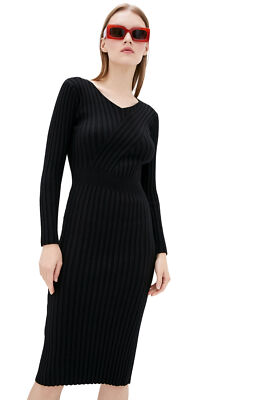 DASTI Bodycon Midi Dress Vestido Negro para Mujer Longsleeve Black Long Sleeve
