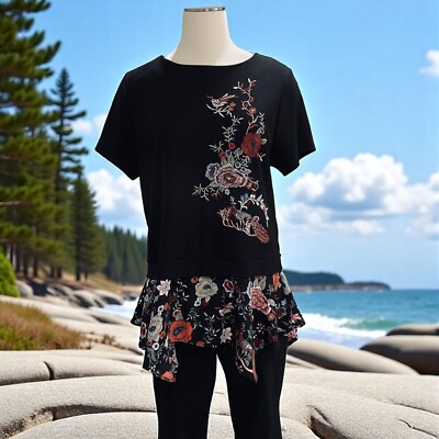 W5 Black Embroidered Floral Layered Hem Blouse Medium Boho Cottagecore Top