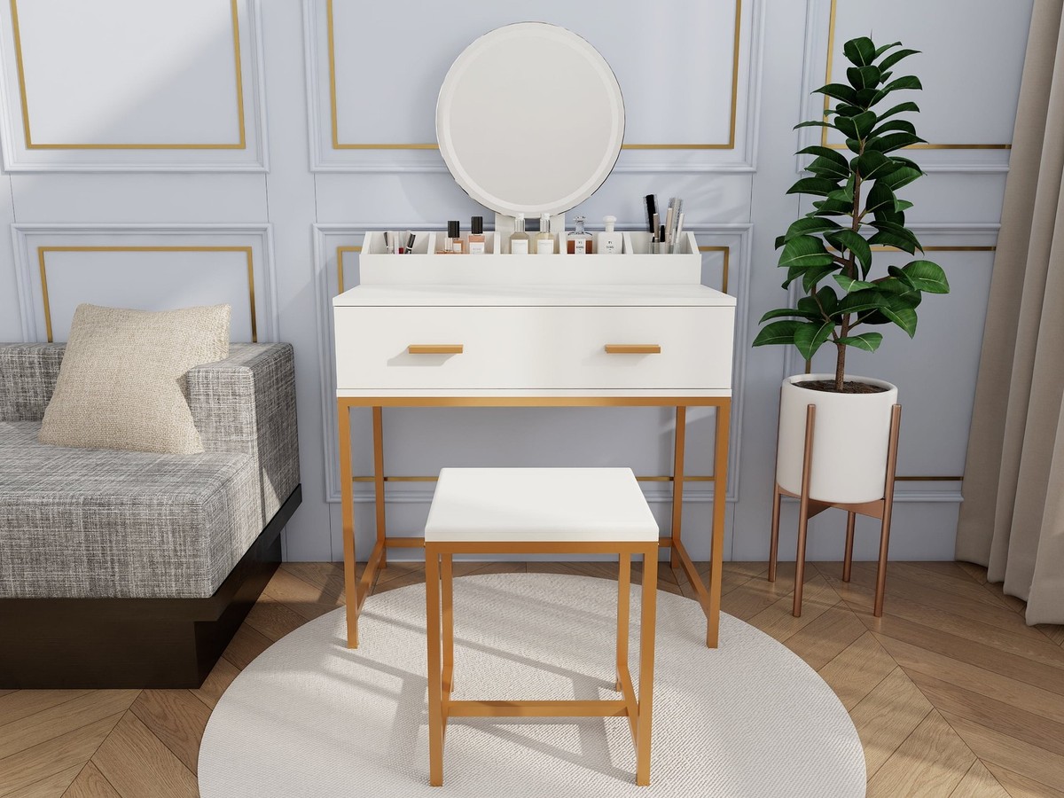 white and gold dressing table stool Homy Casa Glam Vanity Stool with Faux Fur Seat & Gold Metal Legs, White