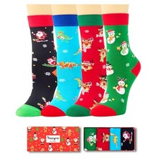 Christmas Socks for Kids - Snowman Reindeer Gnome Dinosaur 4 Pack 10-12 Years