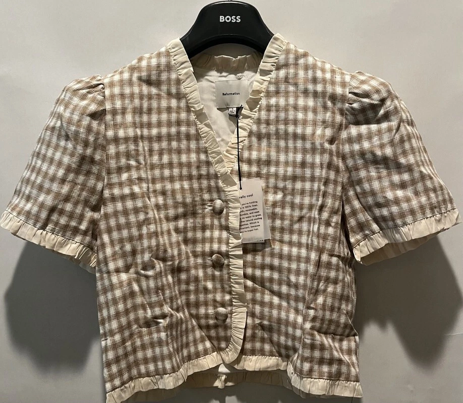 REFORMATION WOMENS BESS LINEN DUNE CHECK SHORT SLEEVE BLOUSE S 1315368DUK00S