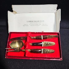 Vintage Bronze Thailand Thai Art Bronze Knife Fork Spoon Set - W/ Box
