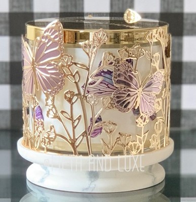 NEW Bath & Body Works Butterfly 3-Wick Candle Holder Faux Marble Base
