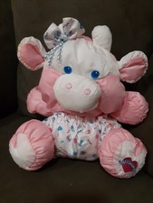 Vint. 1999 Fisher Price Pink Care for Me Cow W/Bow Puffalumps Plush 10" VGC BIN