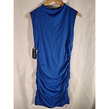 OWIN Womens Royal Blue Ruched Bodycon Mock Neck Mini Cocktail Dress Size L NEW