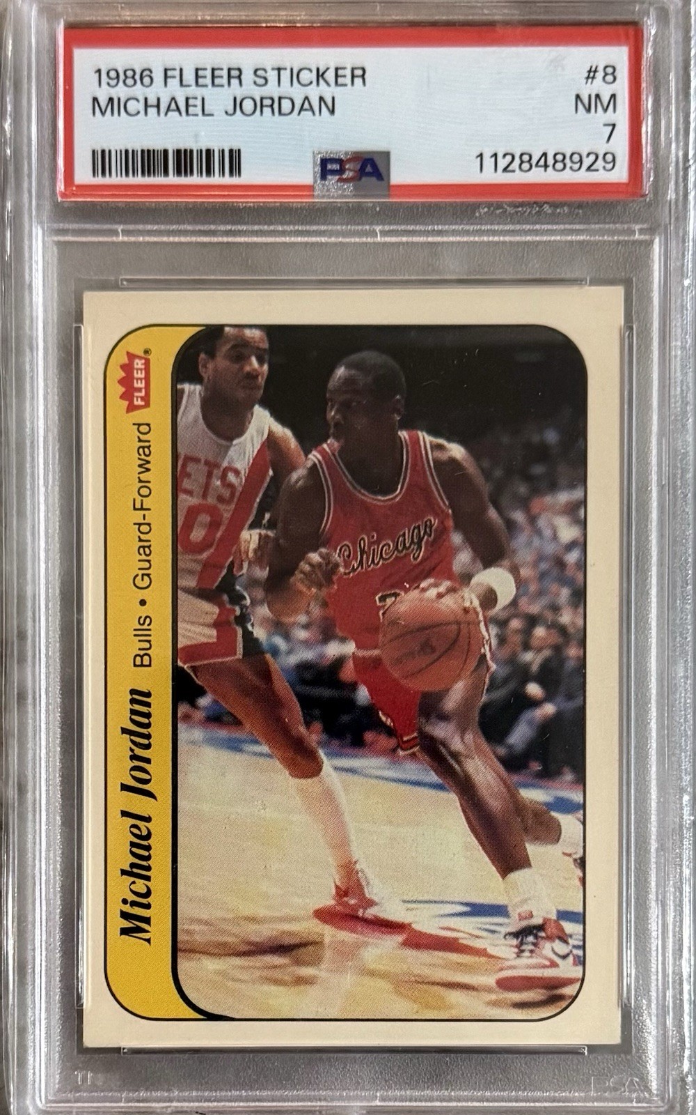 1986 FLEER STICKER #8 MICHAEL JORDAN ROOKIE RC PSA 7
