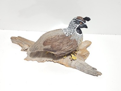 Quail On Log Figurine Carving Signed Dixie Birkby 6 1/8'' Tall
