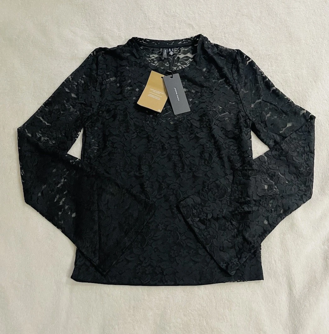 VERO MODA Women’s VMKANYA LS O-NECK SHORT TOP Size: M Floral sheer/ black