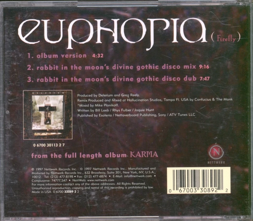 Delerium Euphoria (Firefly) CD USA Nettwerk 1997 Single 067003308922 - Bild 2 von 3