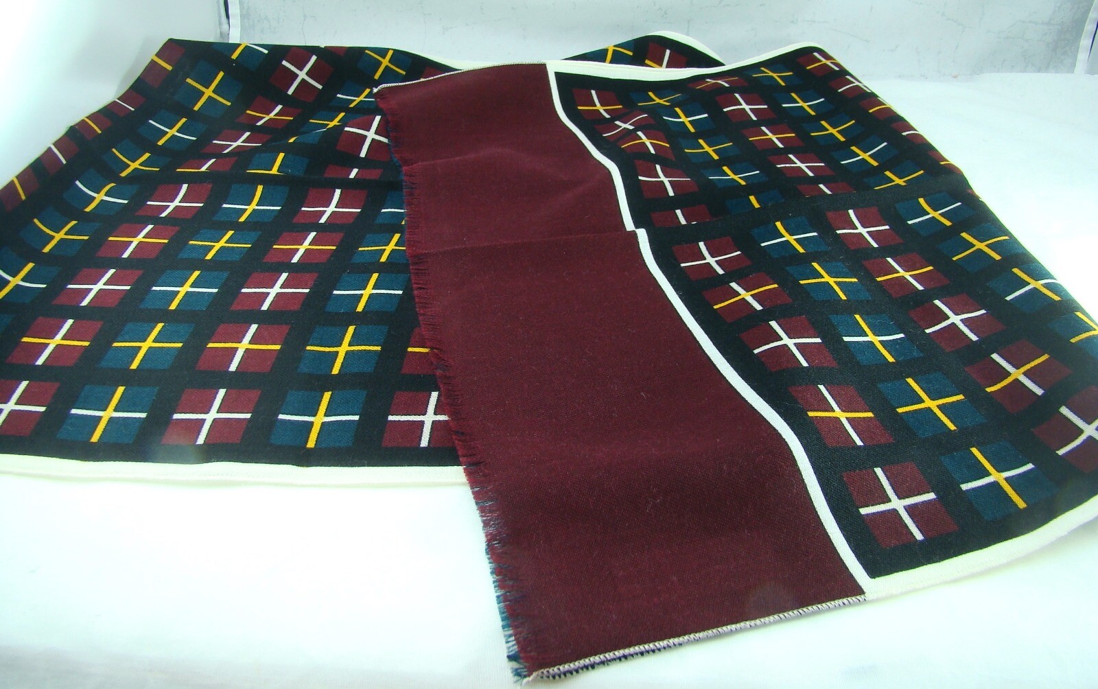 100% Lana Challis Italia 60" Bufanda Cuadros Burdeos, Verde Amarillo Blanco