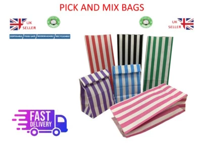 MUSTBEBONKERS Pick n Mix Candy Stripe Paper Bags Block Bottom Party Gifts Popcorn Sweets Party
