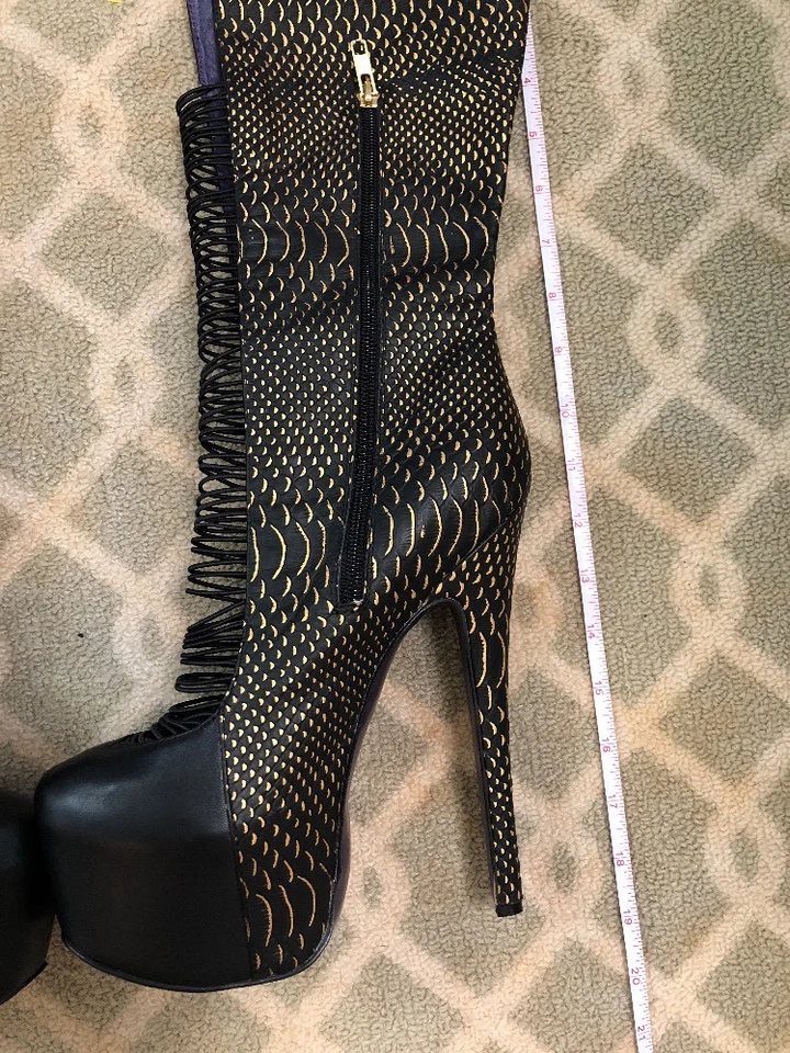 London Trash Crucify Wedge Strappy High Heel  Leather Boots 8 Gold Snake Black - Image 3 of 4