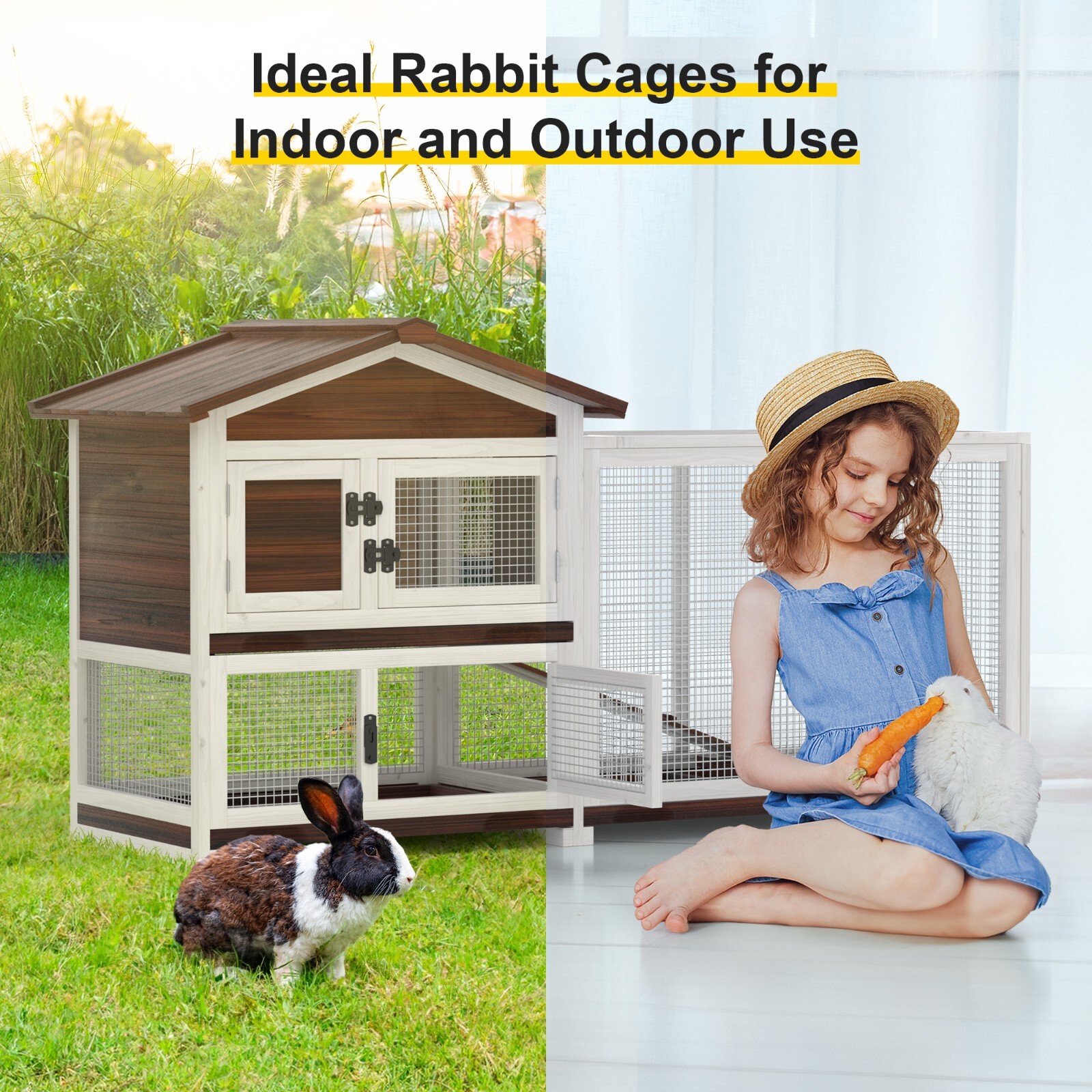 60" Wooden Bunny Hutch 2 Tier Rabbit Cage w/Run Guinea Pig Pet House