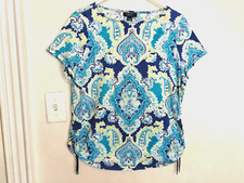 Chaps Womens Blouse 1X Plus Paisley Blue White Green Shirt Top Short Sleeve Boho