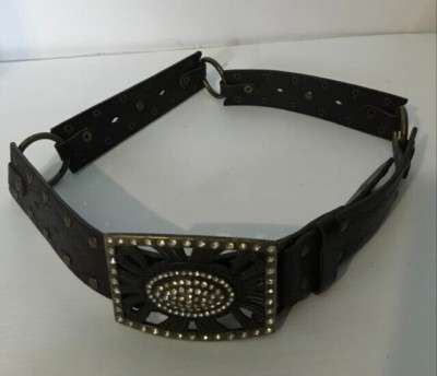 vintage Faux Leather Womens studded Etched Belt and Bling Buckle