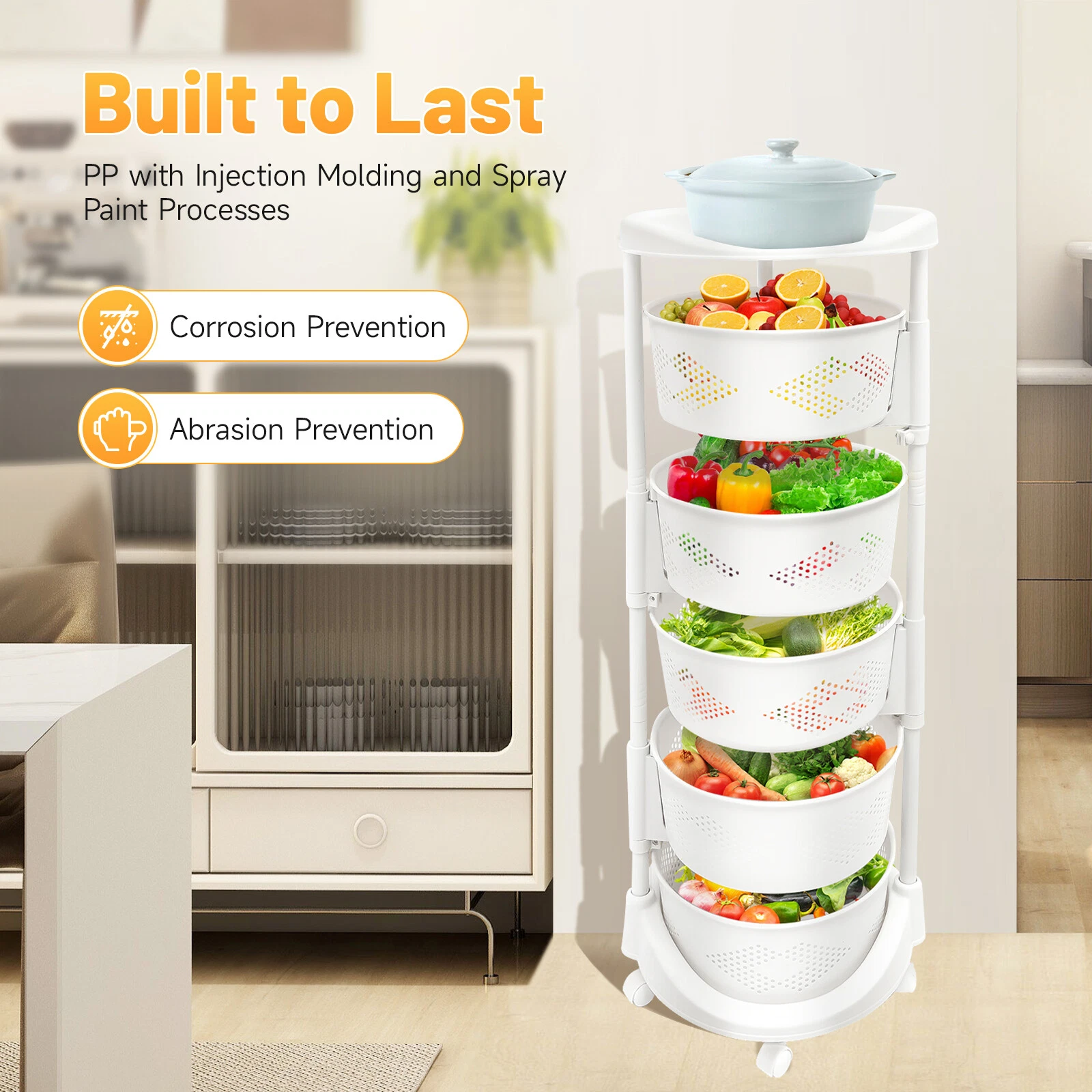 5-Tier Rotating Kitchen Organizer Rack With Fruit & Vegetable Storage Wheels