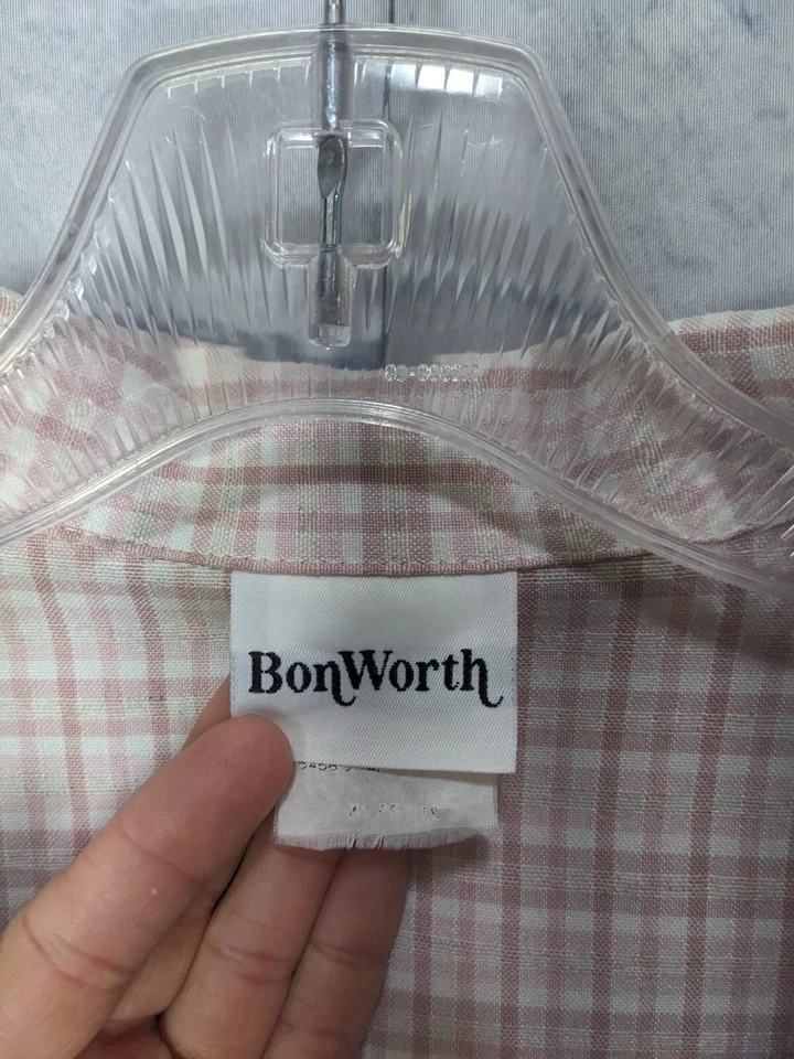 Camisa de manga corta a cuadros Bonworth vintage de mezcla de lino rosa y tostado claro para mujer  Foto 3 de 4
