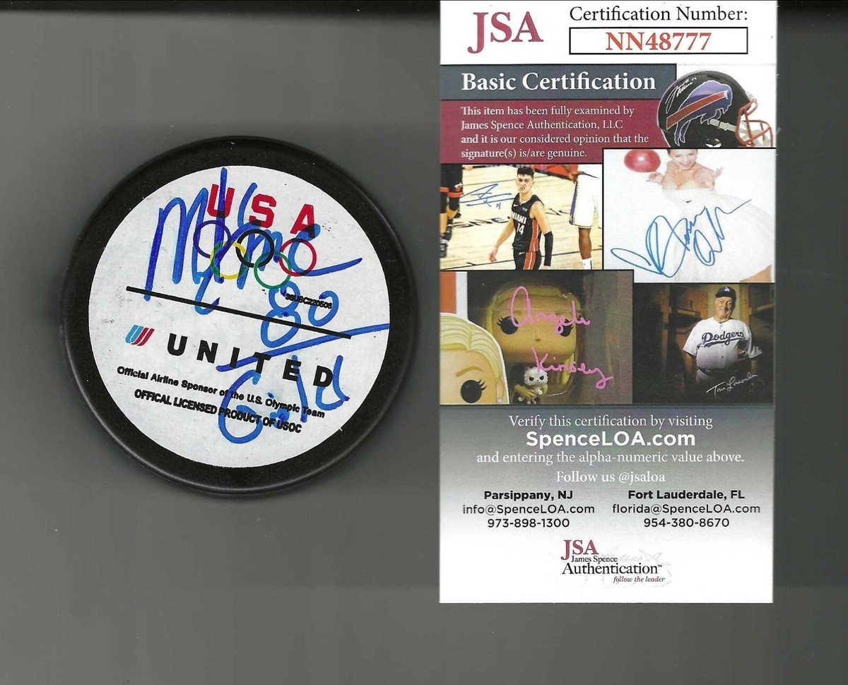 Mike Eruzione Signed Inscribed 80 Gold USA Olympics United Puck JSA COA  Miracle