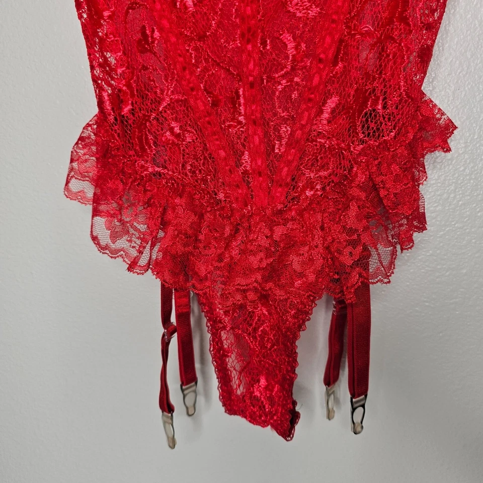 VTG Escante S Sheer Lace Bodysuit Ruffle Garter Lingerie Fairy Grunge Coquette - Image 3 of 4