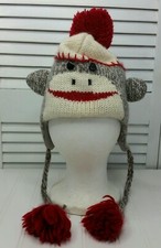 DeLux Wool Blend  Fleece Kids Sock Monkey Hat Brown Red Cream Winter Beanie Pom
