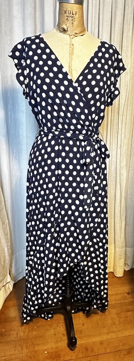 Grecerelle Womens Blue/white Polka Dot S Sleeve Ruffle High Low