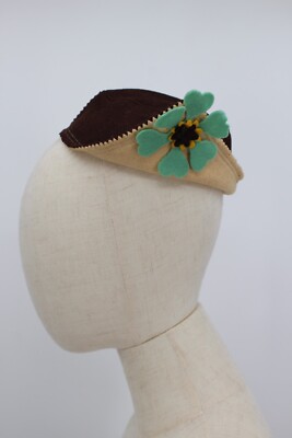 Vintage Felt Bonnet Hat Bag Purse Girls Children Flowers Drawstring Brown 1920s