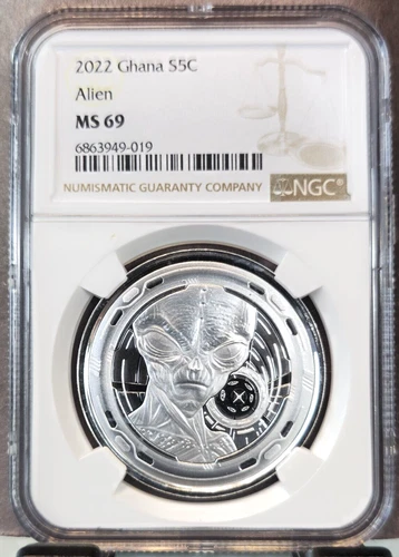 2022 REPUBLIC OF GHANA SILVER 5 CEDIS ALIEN NGC MS 69 BEAUTIFUL GEM 1 OZ