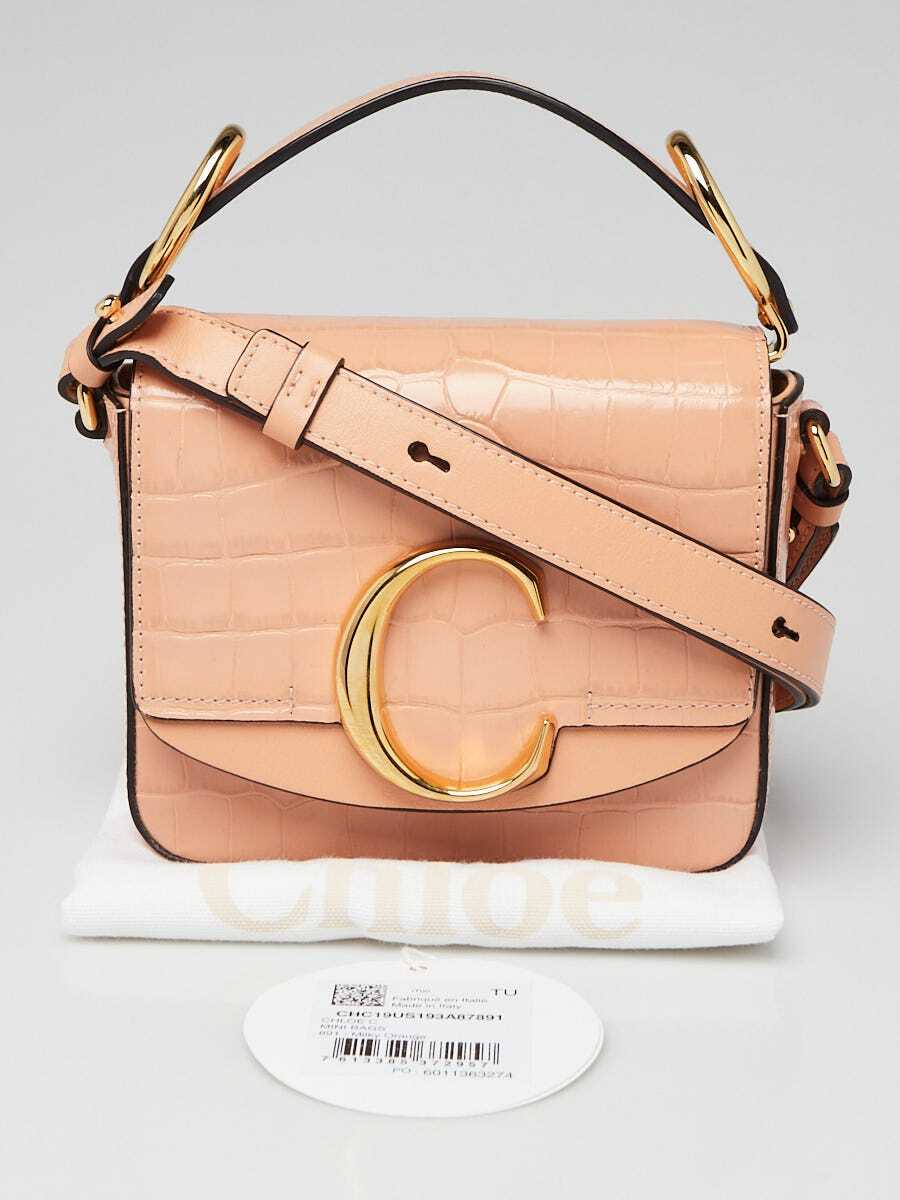 Chloe Milky Orange Croc Embossed Calfskin Leather Mini C Shoulder