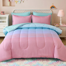 Girls Comforter Set Twin Size 5 Pieces Bed in a Bag Colorful Ombre Pink Green Ra