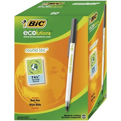 BIC Round Stic ECOlutions Ballpoint Pens - Box of 60 - Black - Medium Writing Po