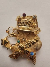 Snowman Brooch Pin Gold Tone Multicolor Rhinestones Christmas Holiday Vintage 2"