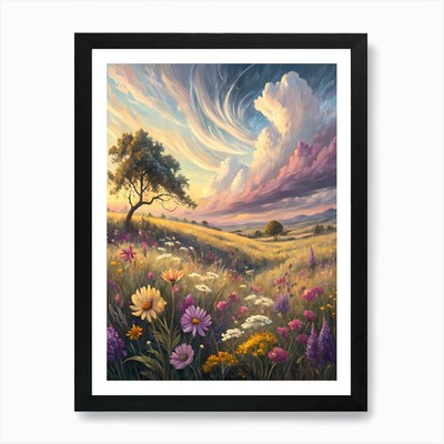 Lebendiger Sonnenuntergang Wiese Ölgemälde gerahmt Wandbild Poster Leinwanddruck Bild