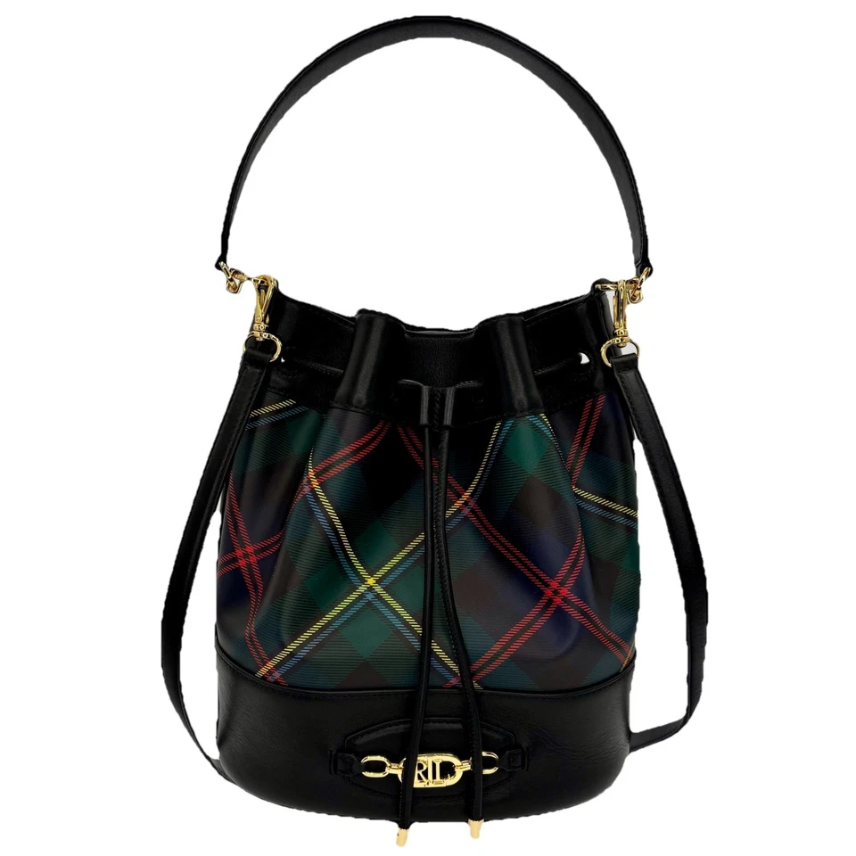 Ralph Lauren Andie Drawstring Bucket Bag Purse & KeyRing Wallet Black Plaid LRL - Image 2 of 4