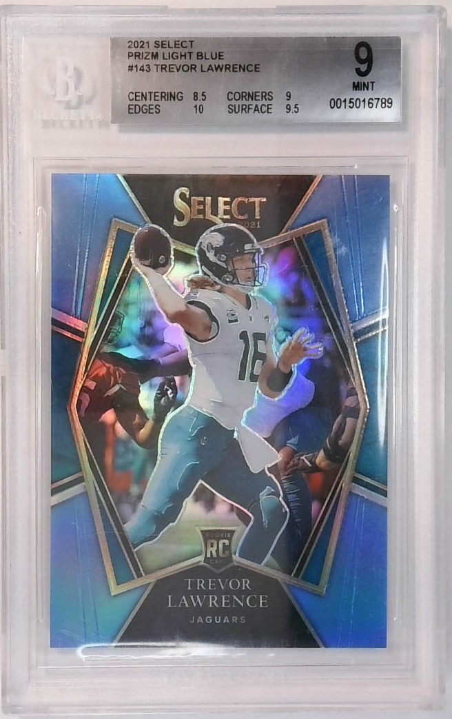 2021 Panini Select #143 Trevor Lawrence RC Light Blue Prizm 24/99 Beckett 9 Mint