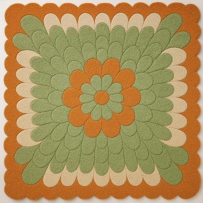 Handgetufteter Wollteppich: Retro Floral Scalloped Design, Grün Orange Beige