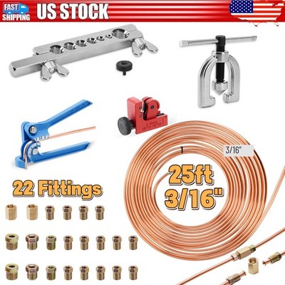 25Ft 3/16'' Copper-Coated Brake Line Kit With 16 Fittings, 2 Union + 4 Nut Set