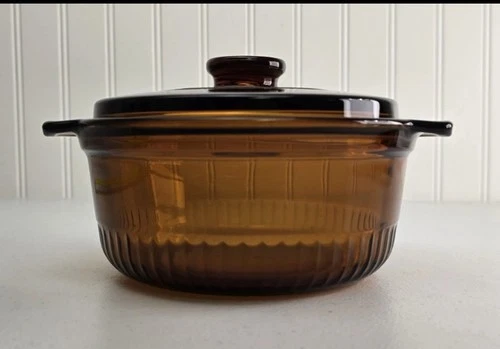 Vintage Anchor Hocking Amber 1 QT Round Casserole Baking Dish With Lid #1436