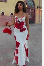 Zara Long Floral Print Polka Dot Dress White Red Size L 3334/316 New