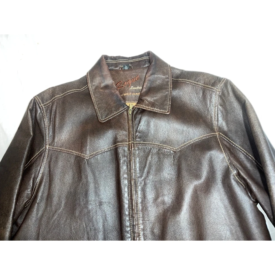 Jaqueta Masculina Rogue Leather By Reilly Olmes Marrom Desgastada Zíper Completo Tamanho G Antiga - Imagem 4 de 4