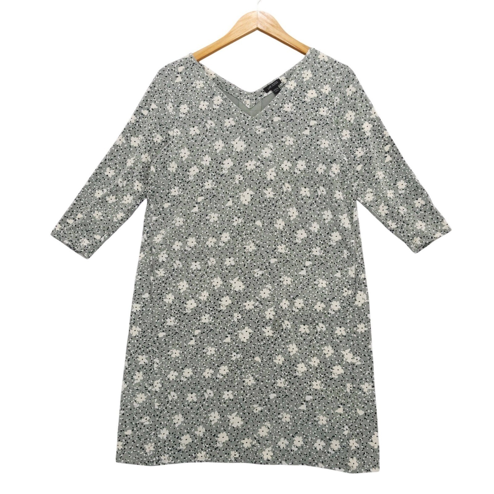 J.Jill Wearever Dress Womens S Petite Floral V-Neck 3/4 Sleeve Shift