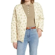 Elodie Jacket Size Large Womens Ecru Floral Quilted Vneck Patch Pockets