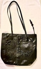 Vintage Women s Leather Embossed artisanal patchwork tote Made In USA 80 s Or 90