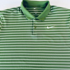 Nike Dri-FIT Mens XL Green White Striped Golf Polo Shirt Short Sleeve Swoosh