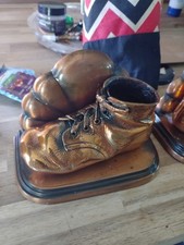 Vintage Copper Bronze Baby Shoes on Heavy Brass Base, Holder