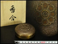 Japanese copper incense container lotus design with wooden box Kogo