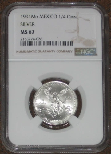 1991 - Mo Mexico 1/4 Oz Libertad Silver Type 2 NGC Grade MS67 Key date Quarter