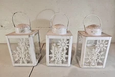 Set of (3) 6" Holiday snowflake Lanterns w/Gift Boxes + Timer by Candle Impressi